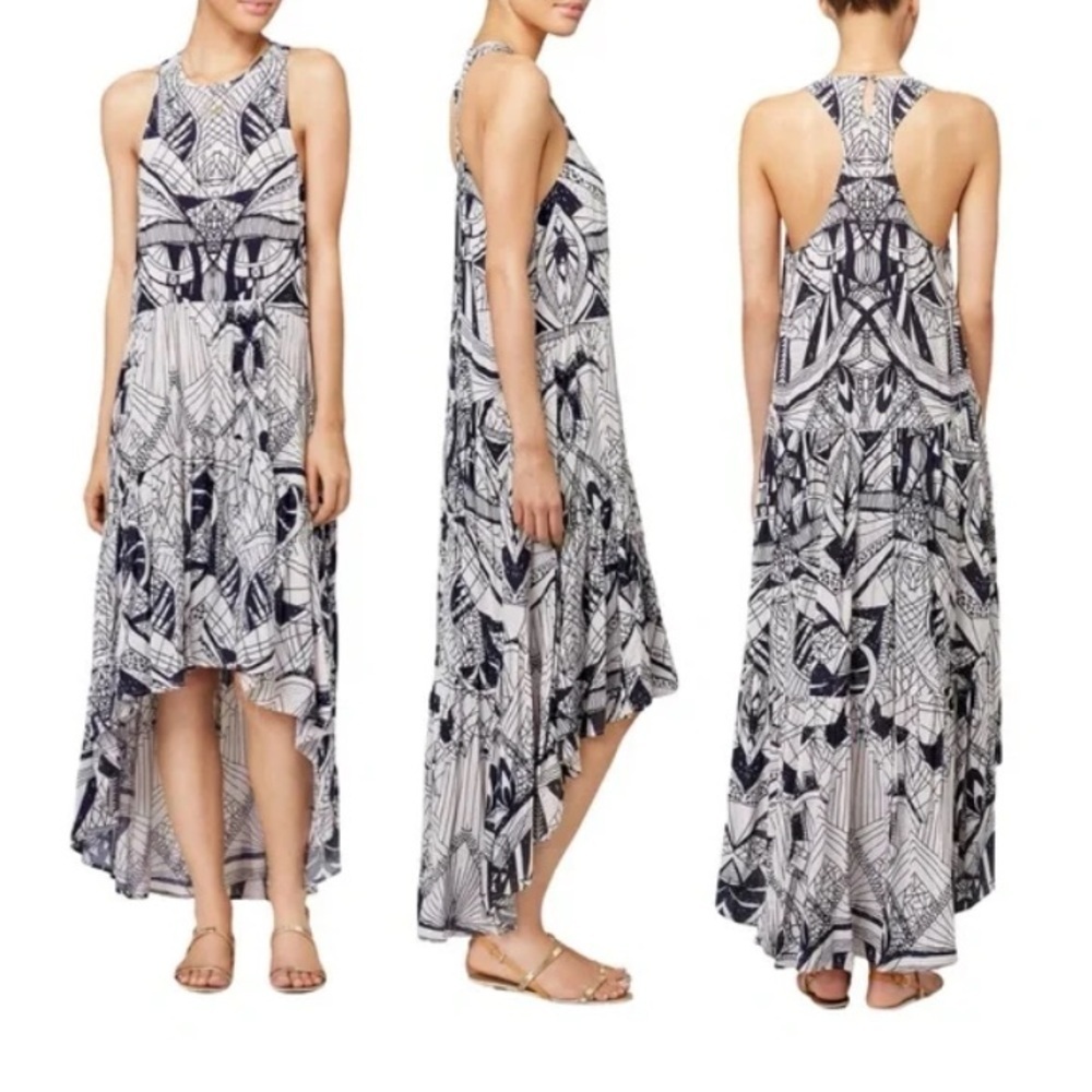 Free People La Mar Graphic Print Hi Low Maxi Dress Size Medium White Black